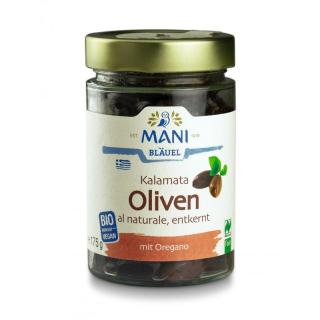 Kalamata Oliven entkernt mit Oregano, Glas, Mani Bläuel